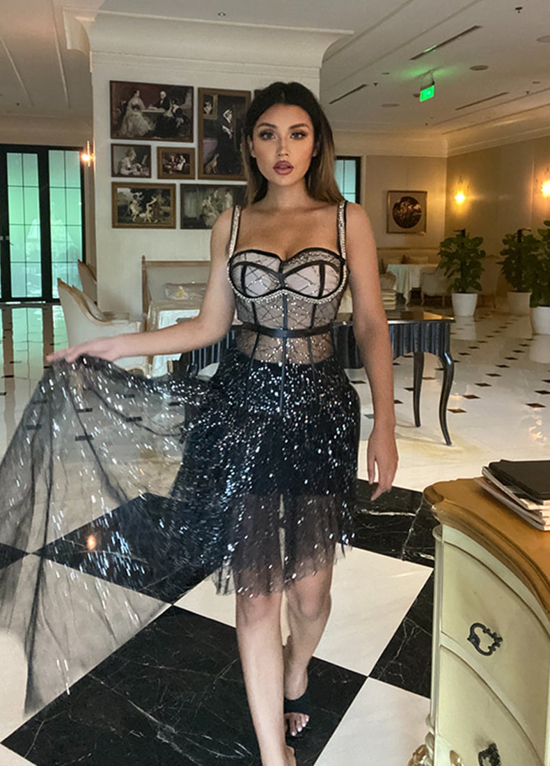 Luxe Black Corset Tulle Dress – Beaded Glamour with Sheer Detail
