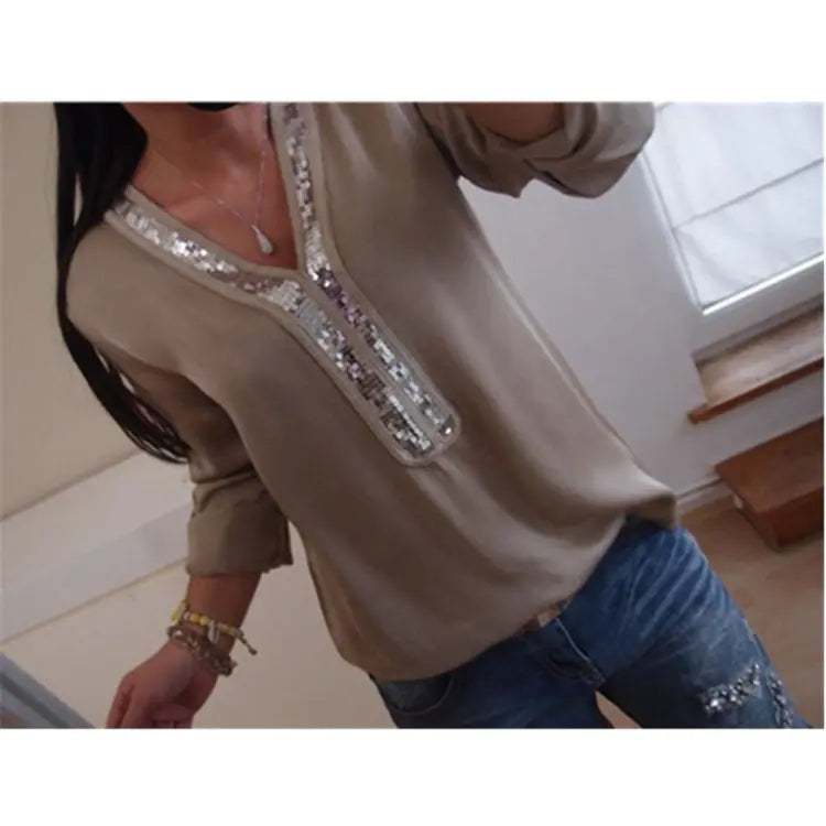 Chiffon V-Neck Blouse with Silver Sequin Trim – Long Sleeve