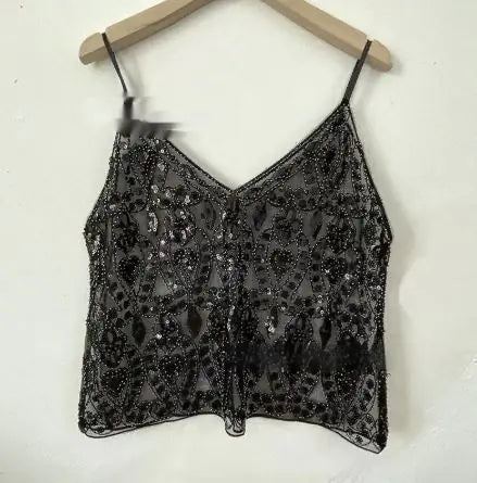Sequin Beaded Cami Top – V-Neck Party Glam