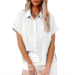 Relaxed Fit Button-Up Shirt in Cotton-Linen with Pocket Detail
