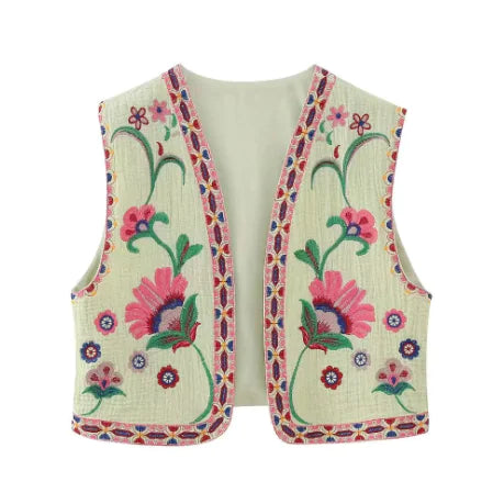Embroidered Floral Vest with V-Neck