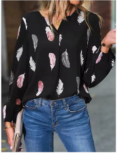 Feather Print V-Neck Blouse – Women’s Long Sleeve Chic Top