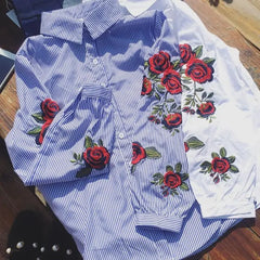Stripe Embroidered Rose Blouse