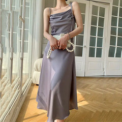 Satin Slip Dress with Draped Neckline and Adjustable Tie Straps