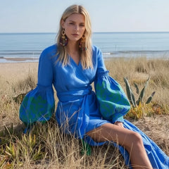 Embroidered V-Neck Boho Dress β Long Sleeve Cotton Beachwear