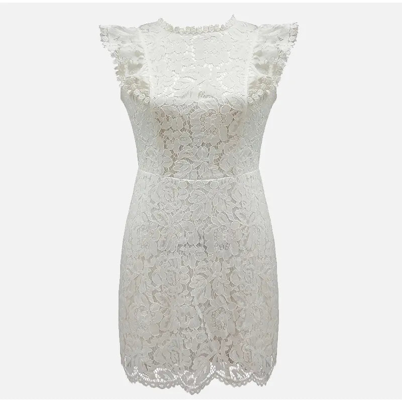 Elegant White Lace Sheath Dress – High Neck with Cap Sleeves