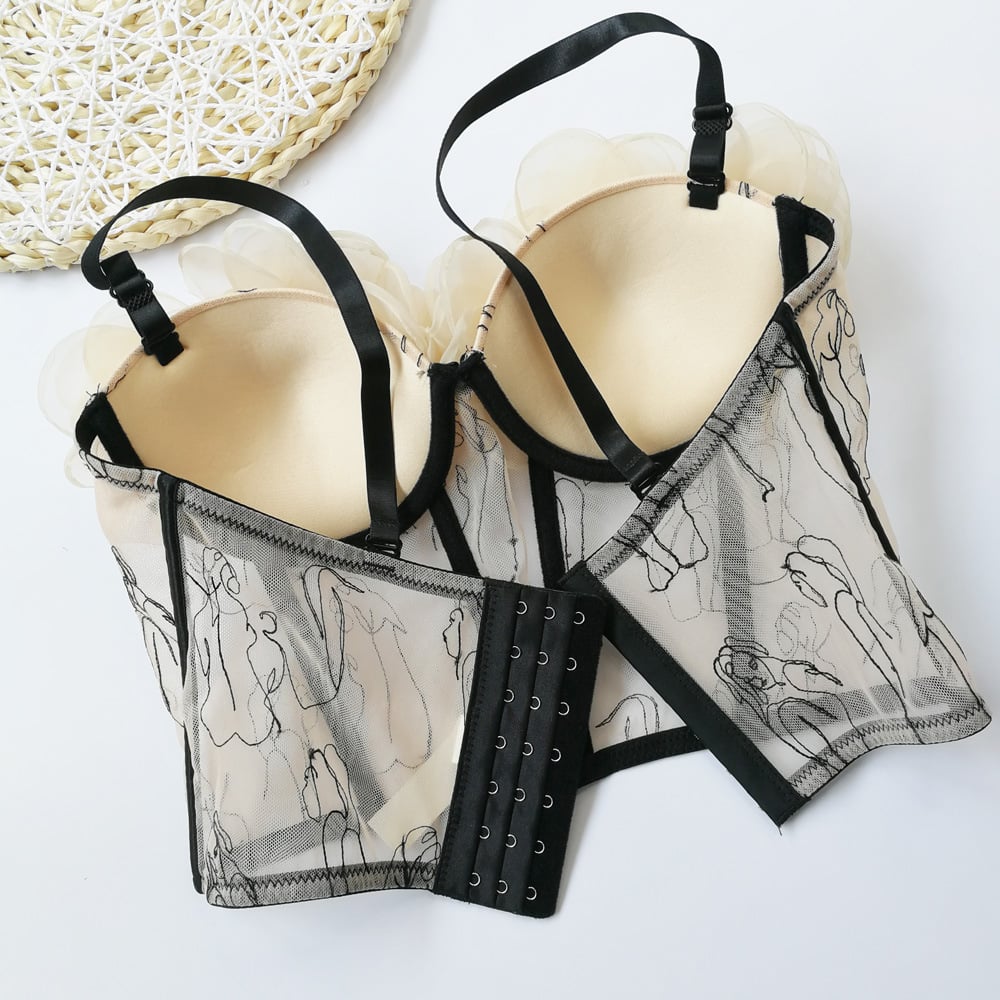 Floral Embroidered Sheer Tulle Corset Top – Romantic Mesh Bralette with 3D Roses