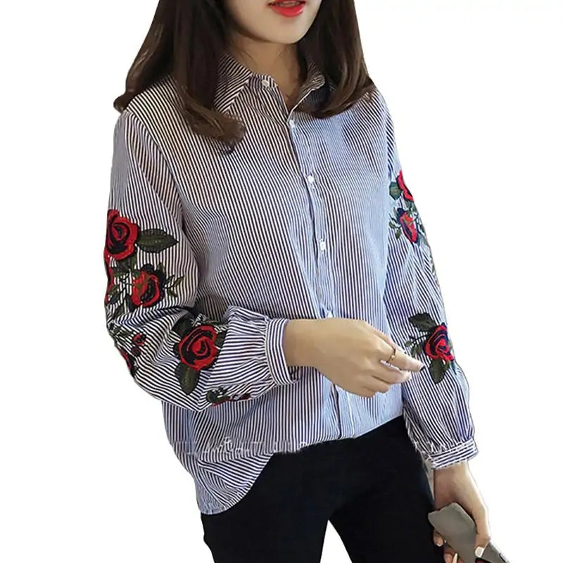 Stripe Embroidered Rose Blouse