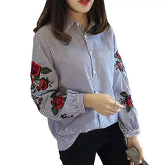 Stripe Embroidered Rose Blouse