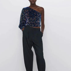 One-Sleeve Sequin Asymmetrical Top – Dark Blue Statement Party Piece
