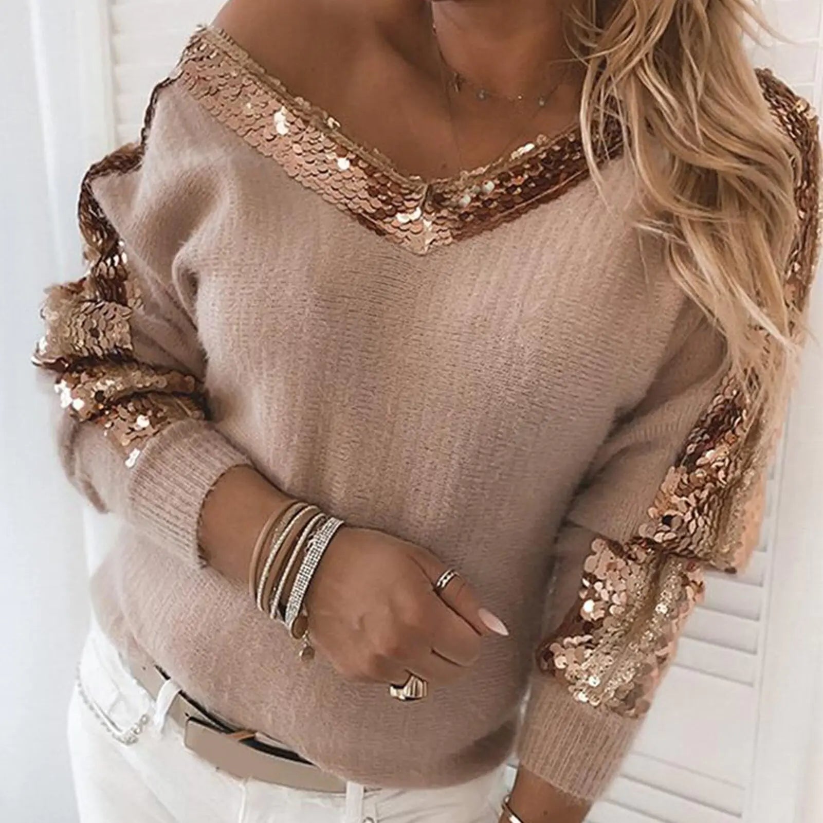 V-Neck Long Sleeve Top with Sequins