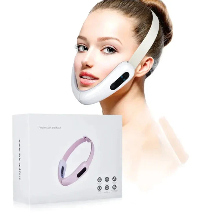 Woman wearing a white facial device with a pink box in the foreground on a white background