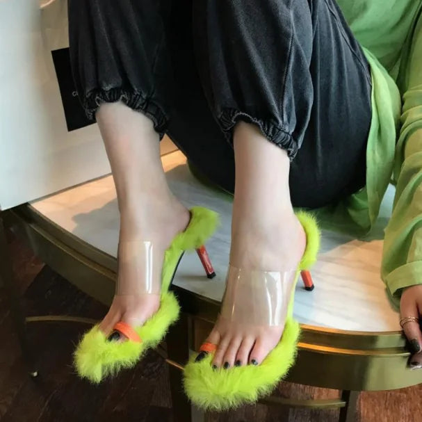 Rabbit Fur High Heels with Color Block Design