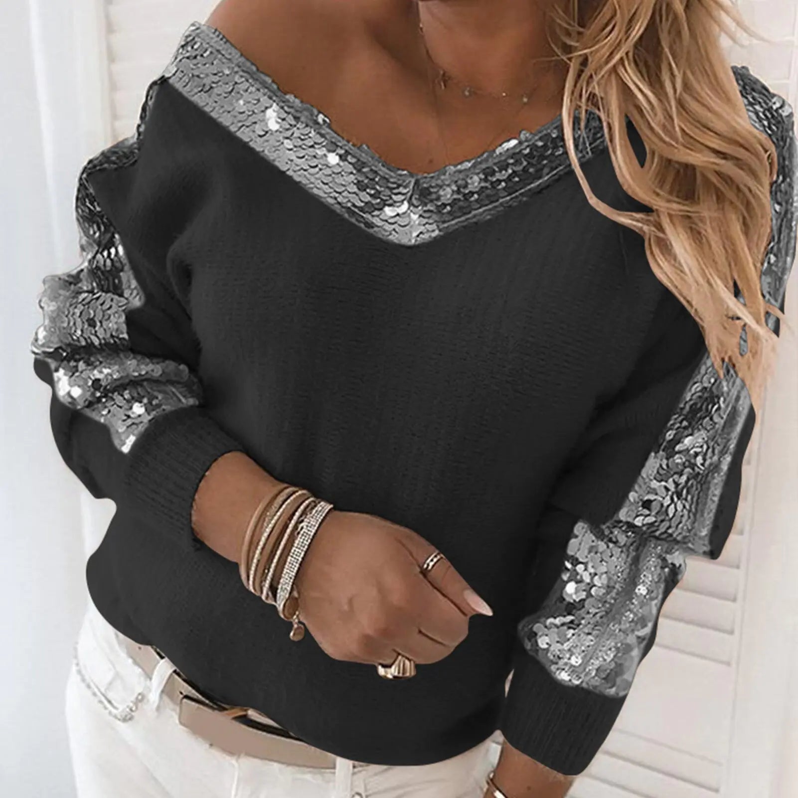 V-Neck Long Sleeve Top with Sequins