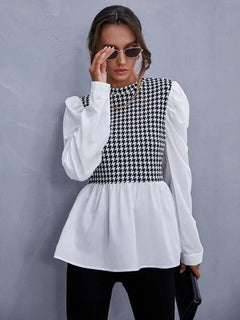 Houndstooth Panel Peplum Blouse – Long Sleeve Chic Contrast Top