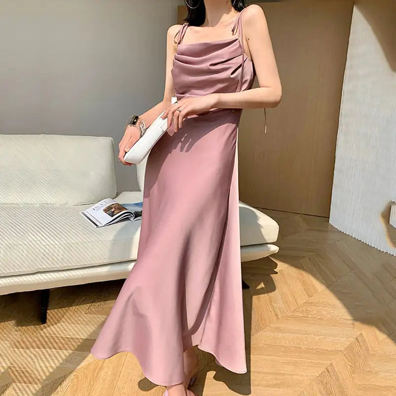 Satin Slip Dress with Draped Neckline and Adjustable Tie Straps