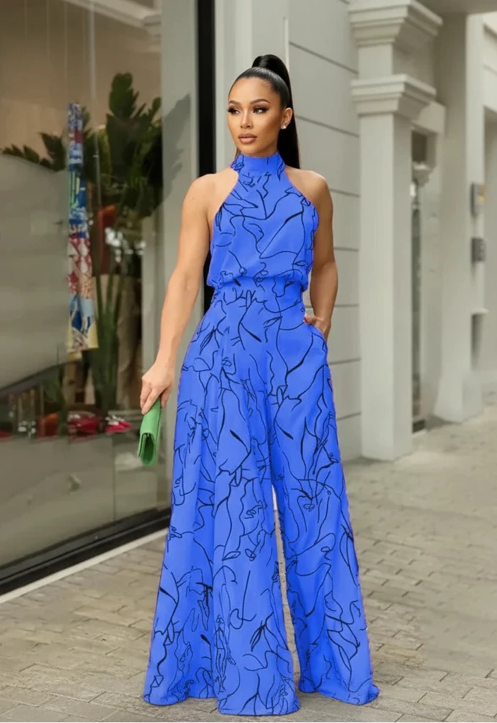Person wearing a blue patterned jumpsuit on a street.