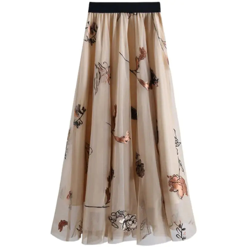 Embroidered Mesh Tulle Skirt – Vintage Floral A-Line Design