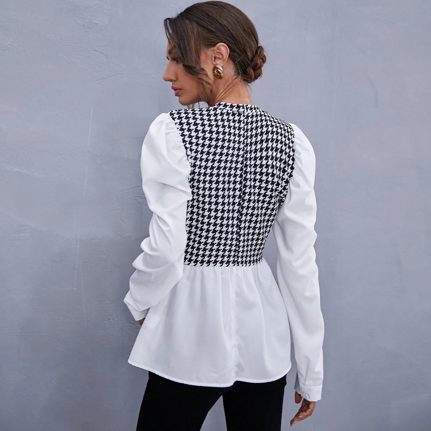 Houndstooth Panel Peplum Blouse – Long Sleeve Chic Contrast Top