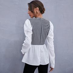 Houndstooth Panel Peplum Blouse – Long Sleeve Chic Contrast Top