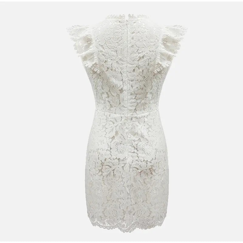 Elegant White Lace Sheath Dress – High Neck with Cap Sleeves