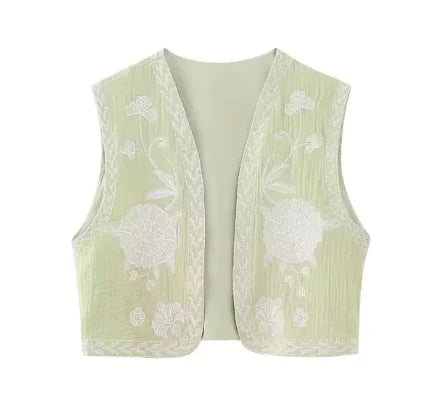 Embroidered Floral Vest with V-Neck