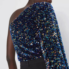 One-Sleeve Sequin Asymmetrical Top – Dark Blue Statement Party Piece
