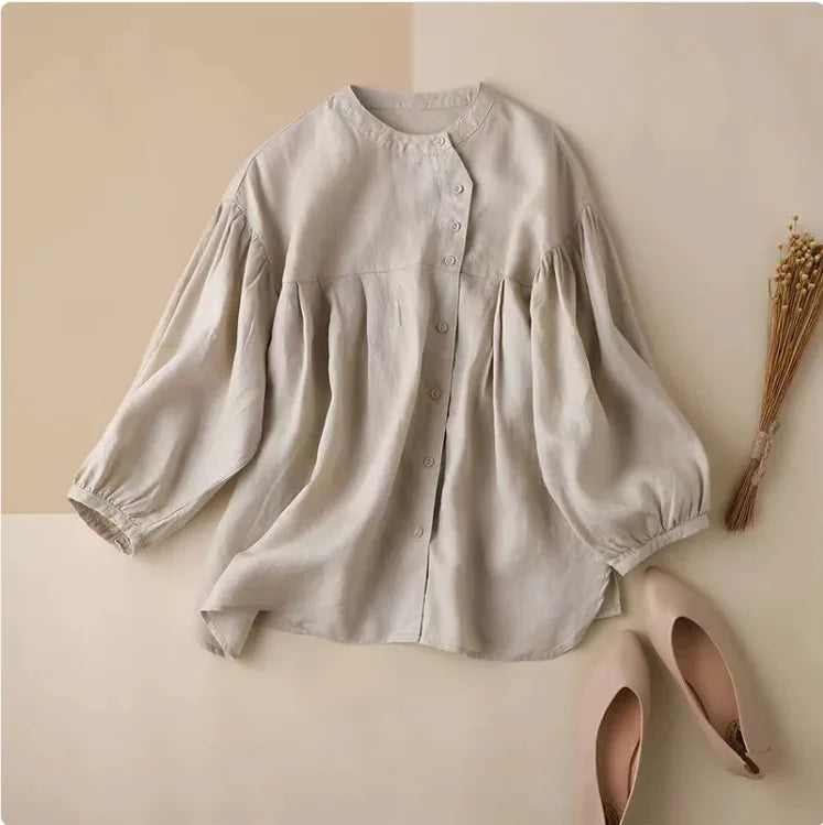 Organic Cotton Linen Shirt – Loose-Fit Button-Up Blouse with Puff Sleeves