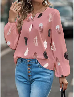 Feather Print V-Neck Blouse – Women’s Long Sleeve Chic Top