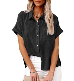 Relaxed Fit Button-Up Shirt in Cotton-Linen with Pocket Detail