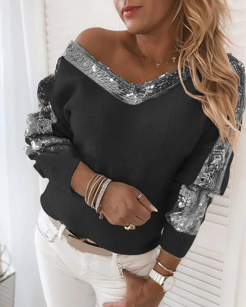 V-Neck Long Sleeve Top with Sequins
