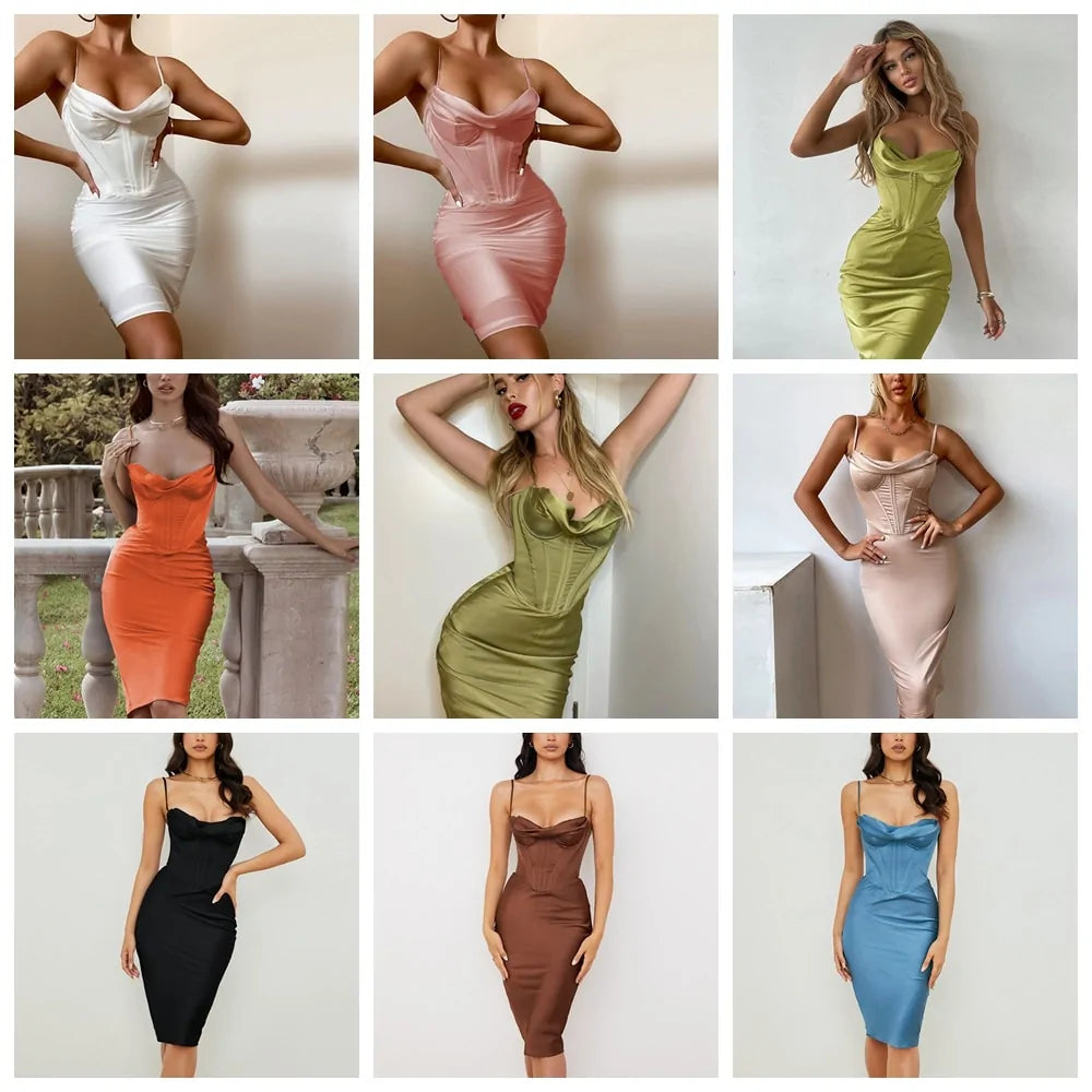 Satin Corset Bodycon Dress with Spaghetti Straps – Elegant Women’s Fashion