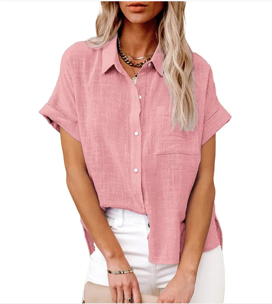 Relaxed Fit Button-Up Shirt in Cotton-Linen with Pocket Detail