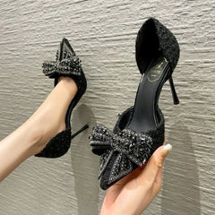 Rhinestone Bow Pointed Toe Stiletto High Heels