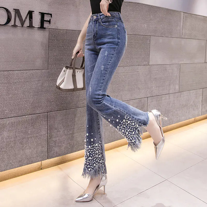 Pearl Denim Flare Pants with Fringes