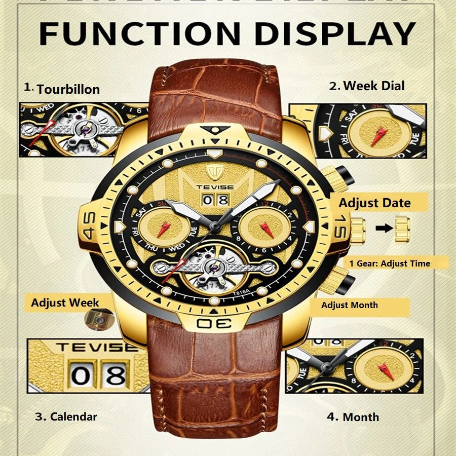 Luxury Water-Resistant Men’s Watch – Automatic Skeleton Dial & Genuine Leather Strap