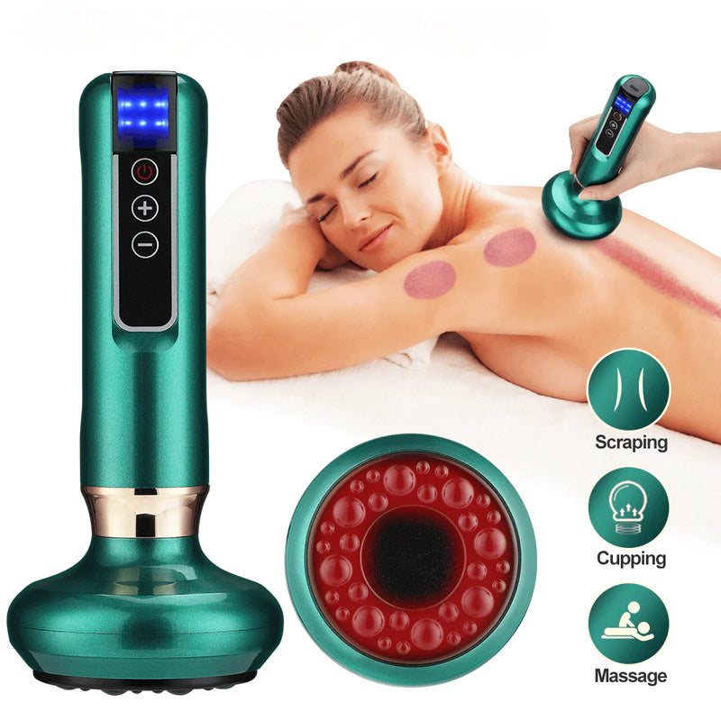 A green cupping therapy device with a digital display being used on a person's back. The device is shown in different modes, including scraping, cupping, and massage.