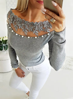 Off-Shoulder Sheer Lace Pearl Sweater