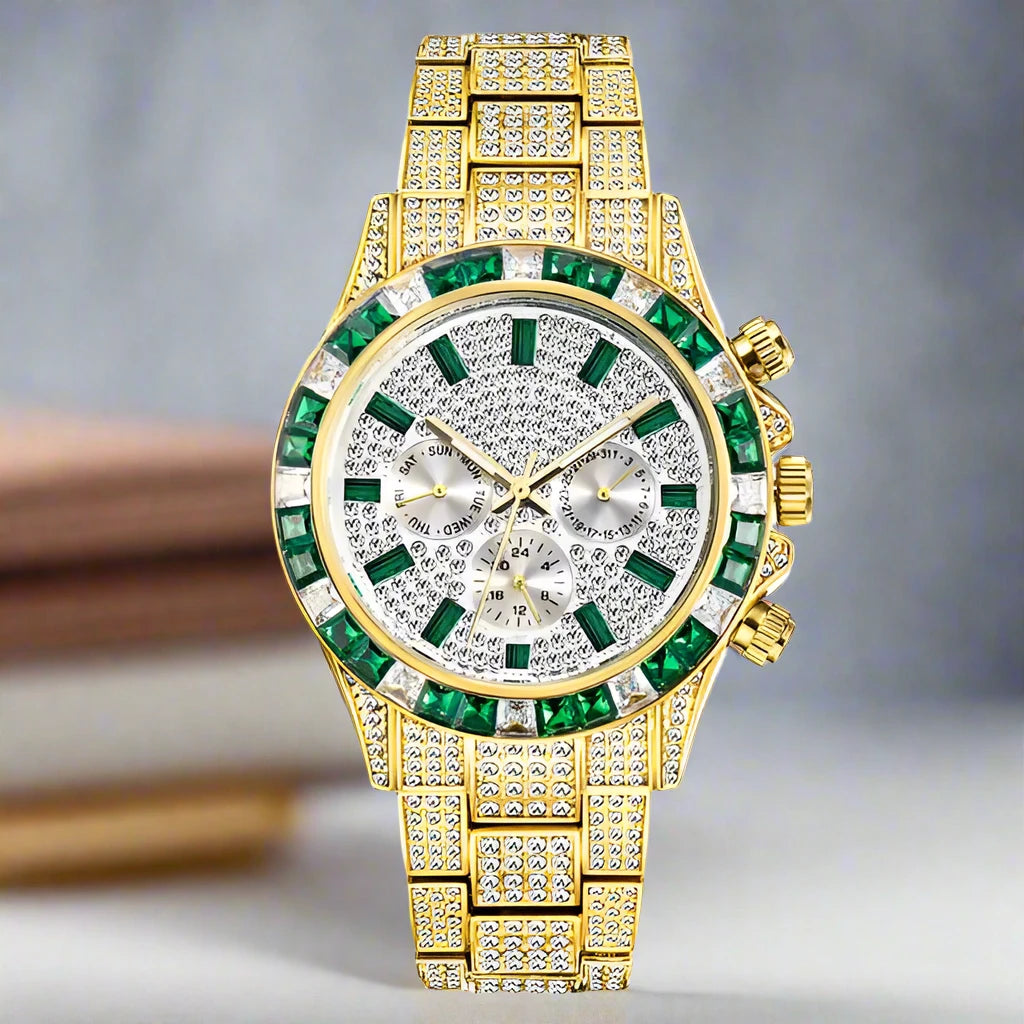 Luxury Iced Out Watch with Rainbow Bezel – Men’s Stainless Steel Timepiece