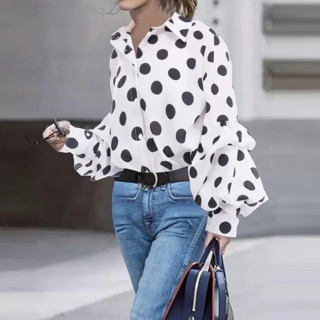 Polka Dot Lantern Sleeve Blouse