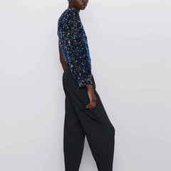 One-Sleeve Sequin Asymmetrical Top – Dark Blue Statement Party Piece