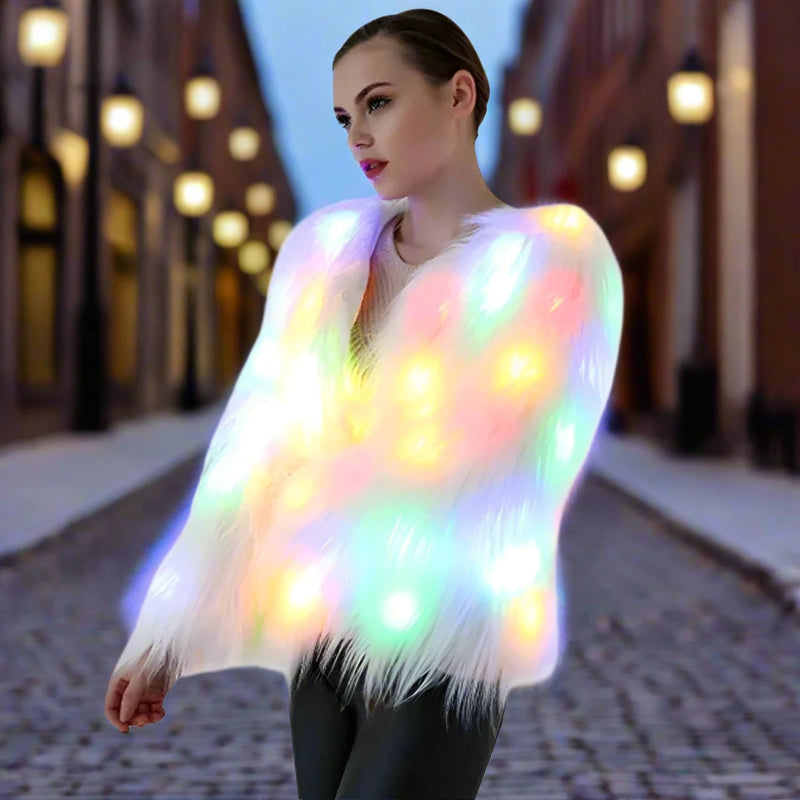 LED Faux Fur Coat – Women’s Light-Up Festival Jacket, White Fluffy Outerwear with Lights
