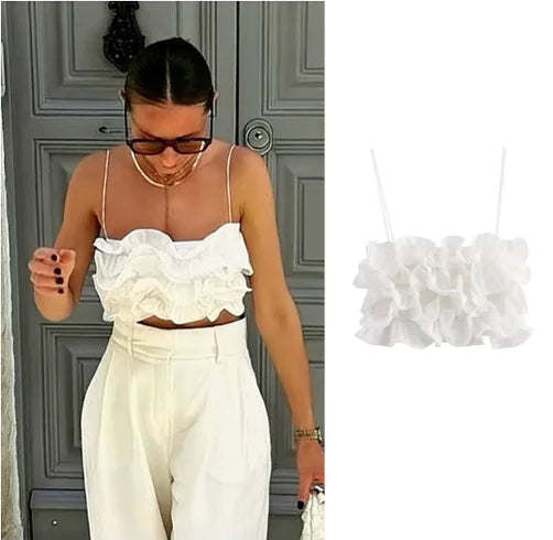 White Ruffle Crop Top – Spaghetti Strap Sleeveless Summer Top