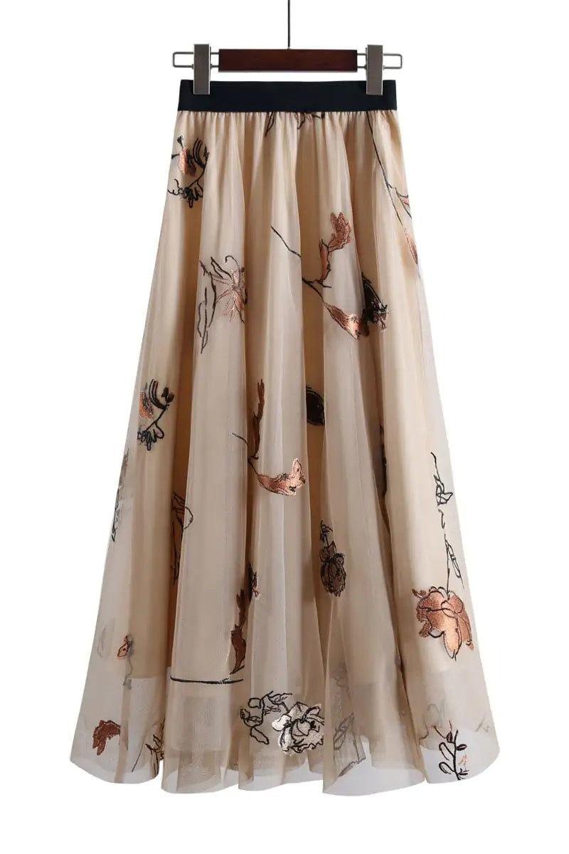 Embroidered Mesh Tulle Skirt – Vintage Floral A-Line Design