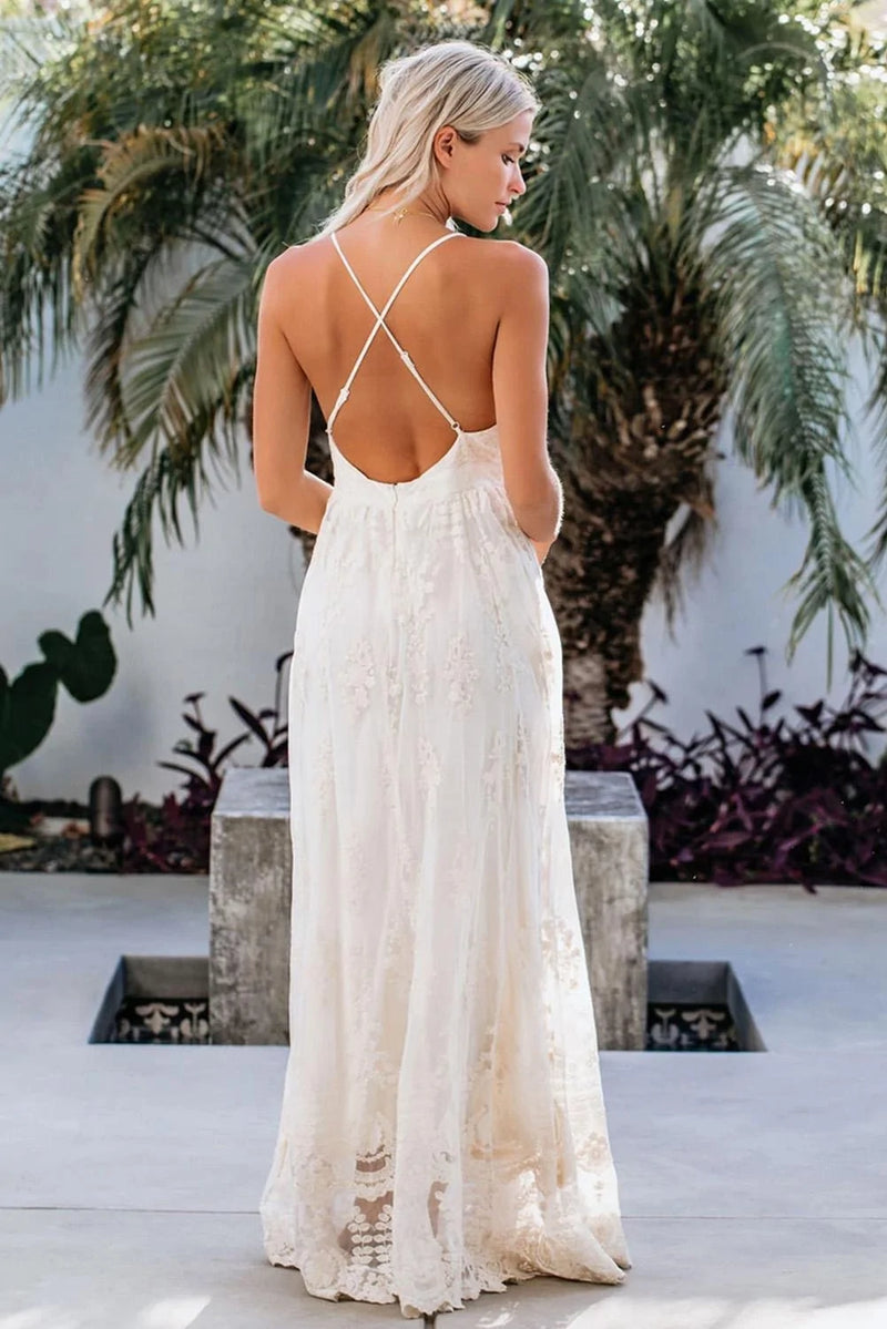 Romantic Off-White Lace Maxi Dress with Deep V-Neck & Spaghetti Straps