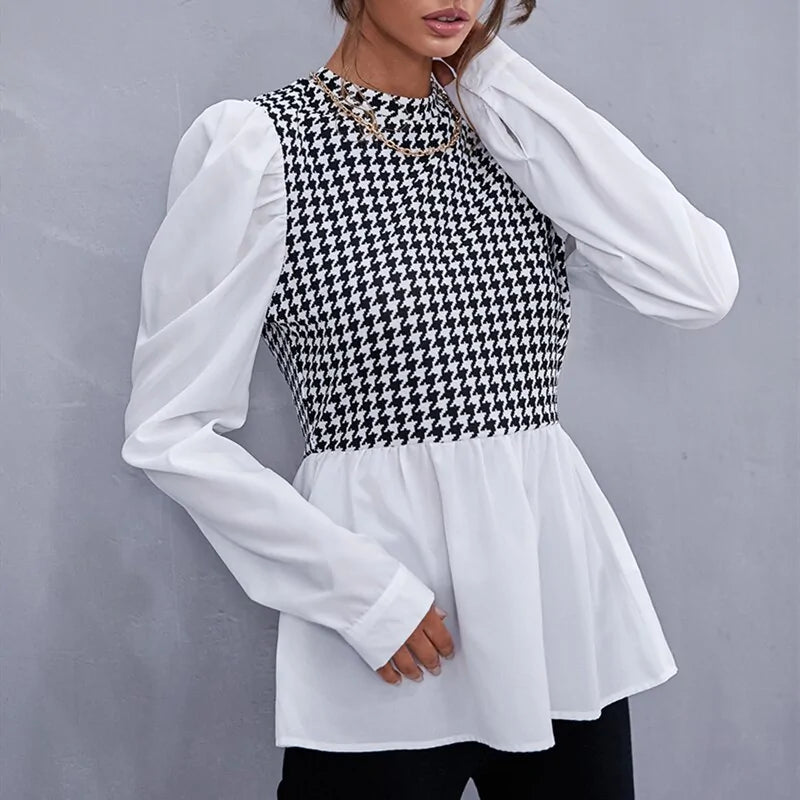 Houndstooth Panel Peplum Blouse – Long Sleeve Chic Contrast Top