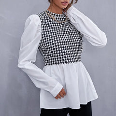 Houndstooth Panel Peplum Blouse – Long Sleeve Chic Contrast Top