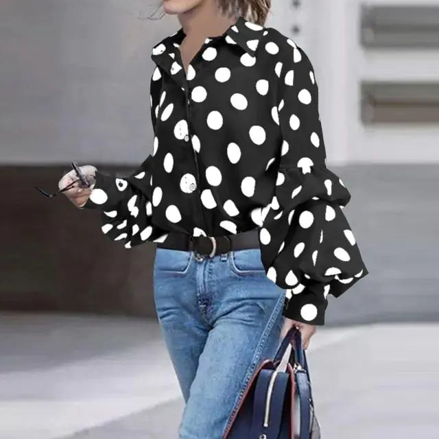 Polka Dot Lantern Sleeve Blouse