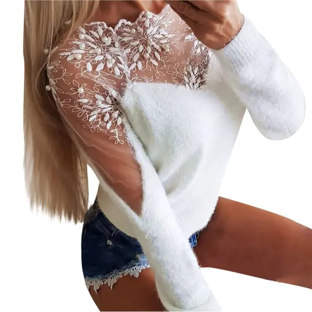Elegant Lace Mesh Floral Sweater – Sheer Detail Long Sleeve Knit Top