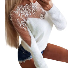 Elegant Lace Mesh Floral Sweater – Sheer Detail Long Sleeve Knit Top